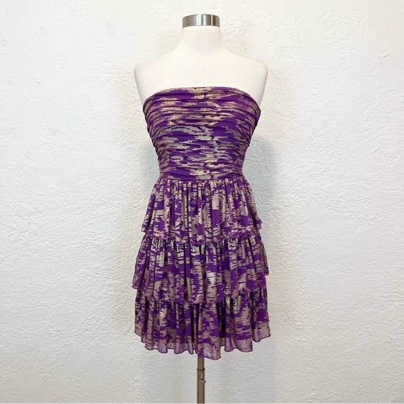 Y2k 90s Vintage Mini Dress Purple Gold Metallic Tiered Jodi Kristopher 5 - Picture 2 of 13